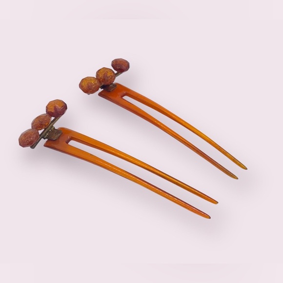 Antique Amber Hairpin Forks Victorian Ornamental Styling Accessory Set - Picture 2 of 11